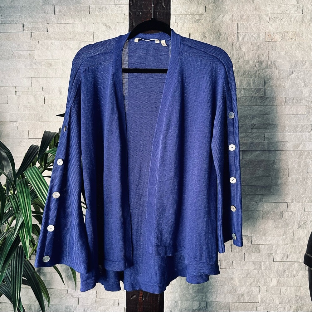 SOFT SURROUNDINGS Blue Linen Blend Open Front Cardigan Sweater NWT Size M